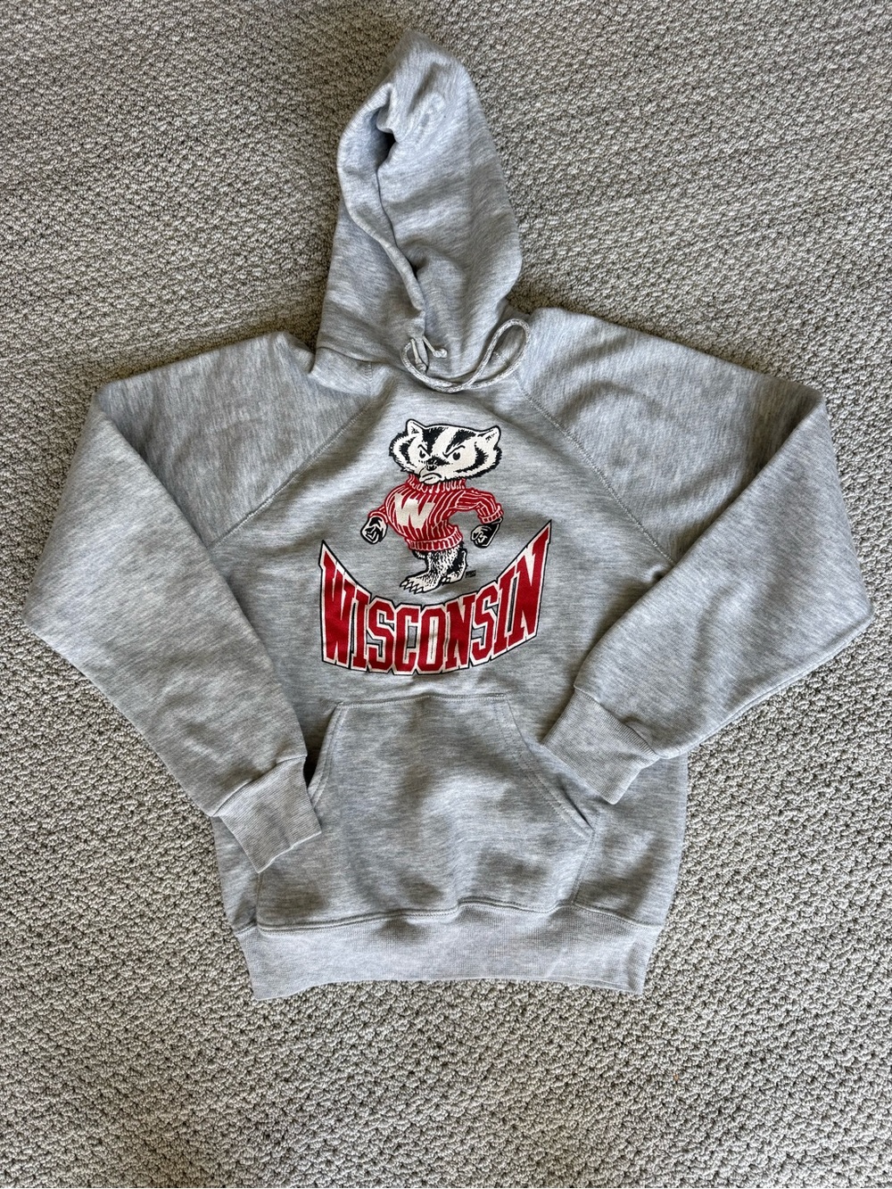 Vintage Wisconsin Bucky Badger Gray Hoodie with Red Logo
